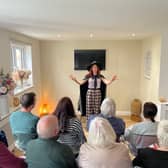 Actor Katrina Allen performs at the home of Mairi and Phil Wilson in Gilmerton.