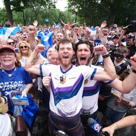 Scotland fan Craig Ferguson at the finish line at Boston Common Soldiers & Sailors Monument after walking across the US to raise funds for charity ahead of the World Cup