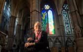 David Hockney in front of The Queen's Window, a new stained glass window at Westminster Abbey he designed. The celebrated British artist has died, aged 88.