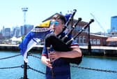 Scotland fan Finlay Ramsay playing the bagpipes outside The Anchor in Charlestown, Boston, ahead of the FIFA World Cup Group C match at Boston Stadium, Foxborough. 