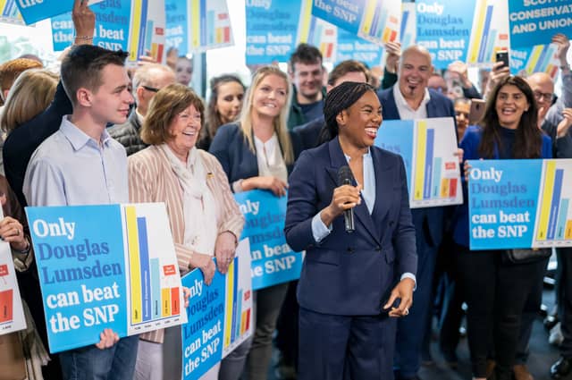 Conservative Party leader Kemi Badenoch campaigns for Aberdeen South candidate Douglas Lumsden during a visit to Cove Rangers FC in Aberdeen, ahead of the Aberdeen South by-election