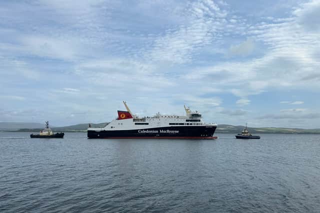 Glen Rosa on its way to its first dry dock work in Greenock in June 2025
