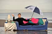 TV weatherman Sean Batty  launches the Newcoastal Flood Warning Campaign on Portobello Beach in February 2013.