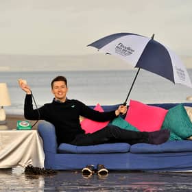 TV weatherman Sean Batty  launches the Newcoastal Flood Warning Campaign on Portobello Beach in February 2013.