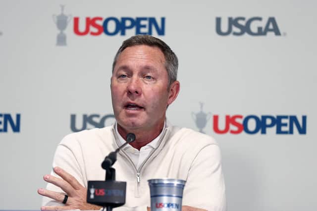Mike Whan, USGA CEO, speaks to the media during a press conference prior to the 126th US Open at Shinnecock Hills Golf Club