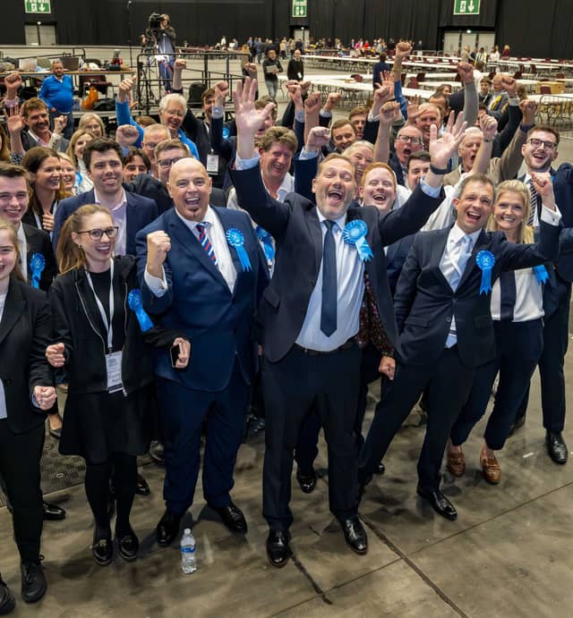 Douglas Lumsden and the Scottish Conservatives celebrate after winning the Aberdeen South by-election.