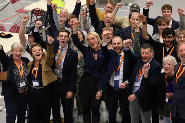 Lara Bird celebrates winning the Arbroath and Broughty Ferry by-election.