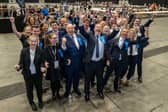 The Tories' Douglas Lumsden (front row centre) celebrates with supporters at P&J Live in Aberdeen after winning the Aberdeen South by-election
