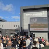 Large queues outside Edinburgh Airport today after it reopened in the early hours of the morning following the security alert on Friday