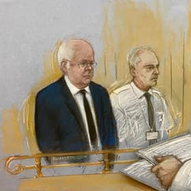 Court artist drawing of former SNP chief executive Peter Murrell (left) appearing before Lord Young (right) at Edinburgh High Court (Elizabeth Cook/PA)