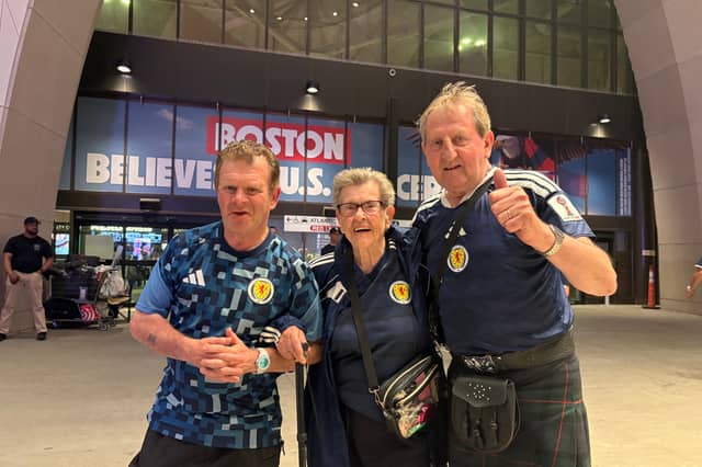 Moira Brown with her friends Ian Carden on the right and Jimmy Hutchison on the left
