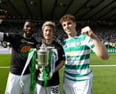 Daizen Maeda (middle) celebrates Celtic’s Scottish Cup win with teammates Kelechi Iheanacho and Arne Engels.