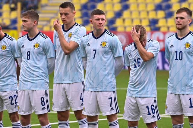 Elliot Anderson (7) lines up for Scotland Under-21s for a UEFA Under-21 Championship qualifier against Belgium at Stayen, on June 05, 2022, in Sint-Truiden. (Photo by David Catry / SNS Group)