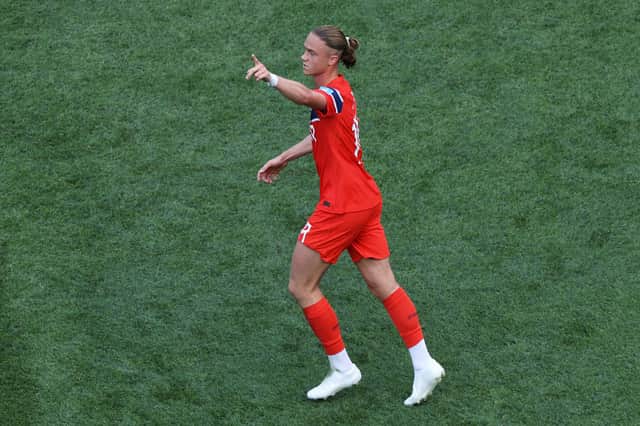 Rangers player Thelo Aasgaard celebrates scoring for Norway in the 4-1 defeat by France in World Cup Group I. (Photo by Buda Mendes/Getty Images)