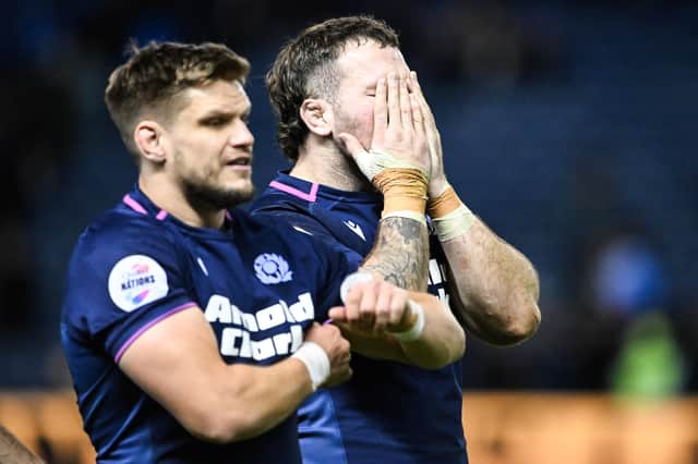 Dejection for Scotland's hookers George Turner, left, and Ewan Ashman after the defeat by Argentina at Murrayfield last November.