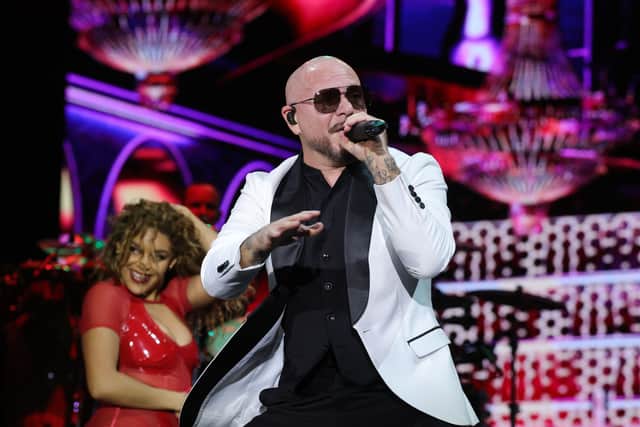 Pitbull performing at Stagecoach Festival in Indio, California.