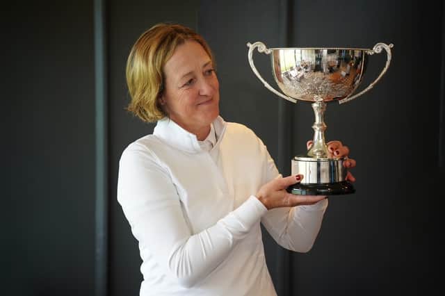 Stirling’s Alison Davidson shows off the trophy after winning the Scottish Senior Women’s Open at Duff House Royal