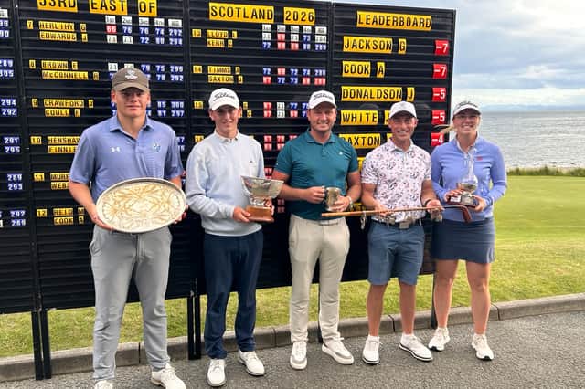 Turnhouse member Georgie Jackson, second left, pictured with the other trophy winners in the East of Scotland Open at Turnhouse