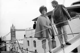 Elizabeth Taylor and Richard Burton arrive at Tower Pier in London aboard Kalizma - built in Leith - in 1968
