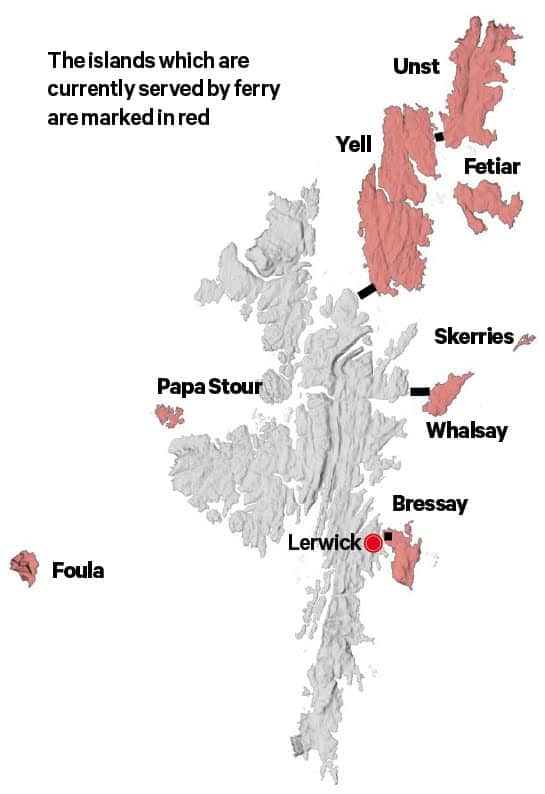 Shetland islands served by ferries marked red with four planned tunnels in black