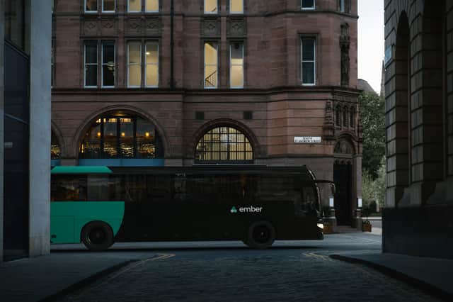 An Ember coach in Edinburgh from where its first route to Dundee was launched in 2020 