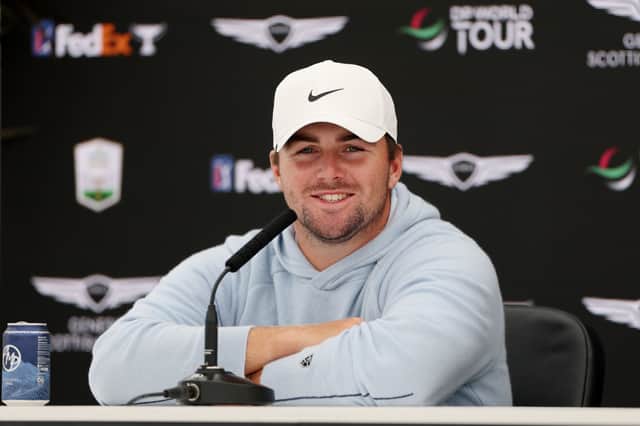 Defending champion Chris Gotterup speaks to the media during a press conference prior to the Genesis Scottish Open at The Renaissance Club 