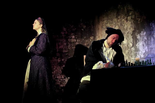 Frankie Hyde as Queen Mary I and Kelvin Giles as Thomas Cranmer in Burn.