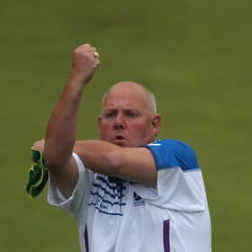 Alex Marshall celebrates after delivering the winning bowl for Scotland in the men's pairs semi-final against England at Kelvingrove during the Glasgow 2014 Commonwealth Games.