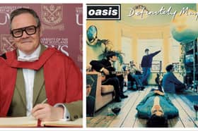 Brian Cannon, left, and his iconic cover for Oasis'  1994 debut album, Definitely Maybe, right.