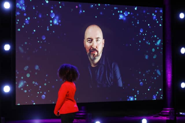 Douglas Stuart appearing on video link from the US where he lives, winning his 2020 Booker Prize during Covid.