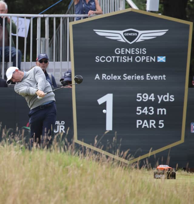 Rory McIlroy tees off the final round of the Genesis Scottish Open in East Lothian