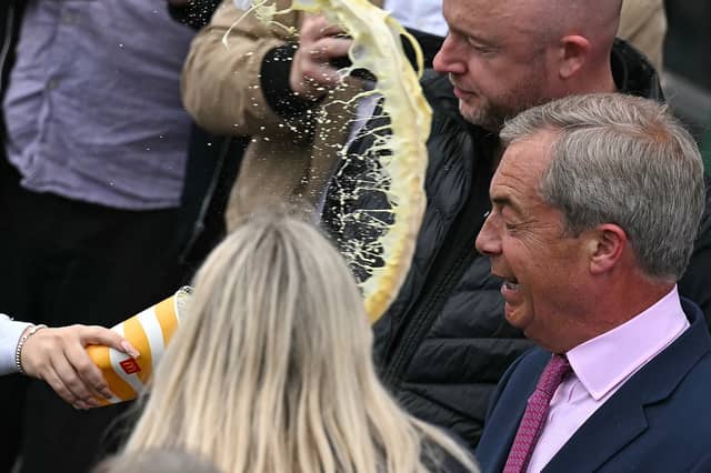 A milkshake was thrown in the face of Nigel Farage during his general election campaign launch in Clacton-on-Sea in 2024 (Picture: Ben Stansall)