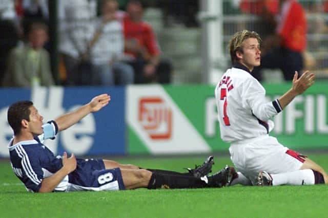 England's David Beckham was red carded following a clash with Argentina's Diego Simeone during the 1998 World Cup knockout match in Saint-Etienne.