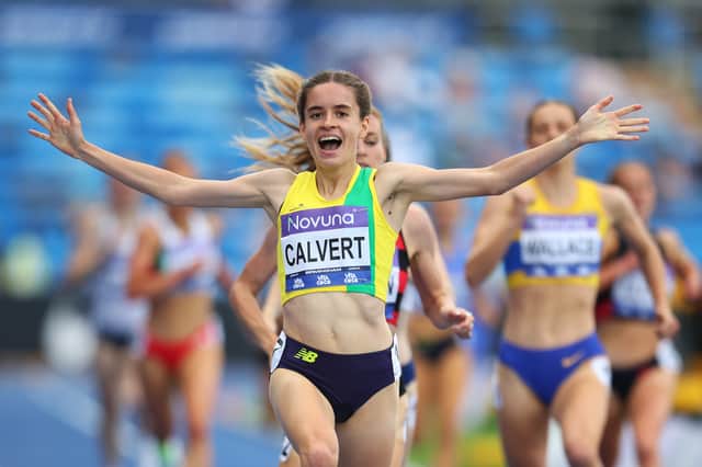 Sarah Calvert of Livingston AC celebrates as she wins the 1500m final at the UK Athletics Championships at Alexander Stadium  in Birmingham on June 21, 2026.