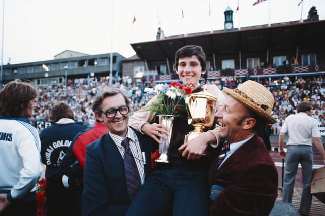 Sebastian Coe celebrates with his father, Peter Coe, left, and promoter Arne Haukvik after running a world record 3:48.95 in the Golden Mile at Bislett Stadium on July 17, 1979 in Oslo.