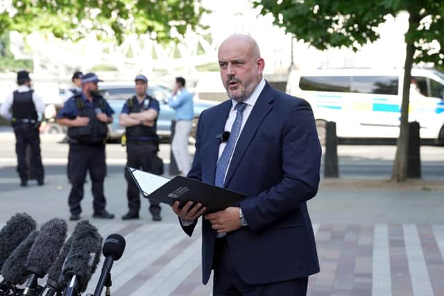 Head of Counter Terrorism Policing, Assistant Commissioner Laurence Taylor, reads a statement on the investigation into the death of Ann Widdecombe outside New Scotland Yard, central London