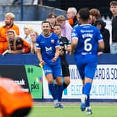 Graham Webster celebrates after putting Montrose ahead against Dundee United in the Premier Sports Cup group stage match at Links Park. (Photo by Ross Parker / SNS Group)