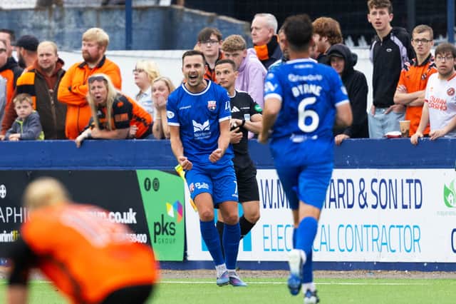 Graham Webster celebrates after putting Montrose ahead against Dundee United in the Premier Sports Cup group stage match at Links Park. (Photo by Ross Parker / SNS Group)