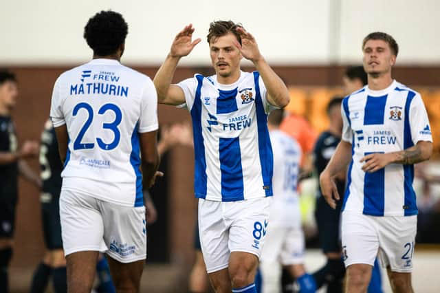 Kilmarnock's Erik Ring celebrates with Roshaun Mathurin, who scored the winning penalty in the shoot-out against Raith Rovers after a 0-0 draw in the Premier Sports Cup group stage match at Beechwood Park. (Photo by Craig Williamson / SNS Group)