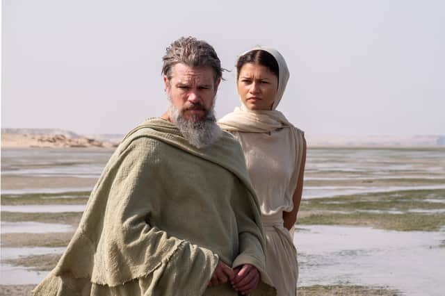 Damon as Odysseus and Zendaya as Athena in The Odyssey