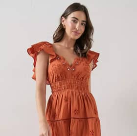 The Very Collection's brown midaxi dress combines romantic frill sleeves with elegant embellishment for effortless occasion dressing