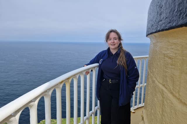 Jeri Cormack on the Noss Head lighthouse tower
