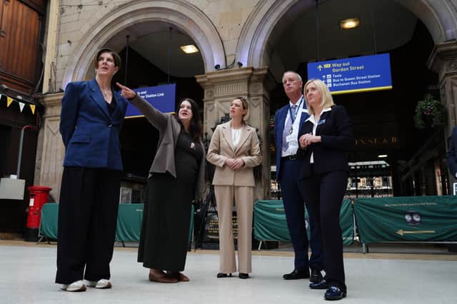 From left, Glasgow City Council Chief Executive Suzanne Millar, Leader of Glasgow City Council Susan Aitken, Jenny Gilruth, Scotland's Railway Route Programme Director Gary Hopkirk and ScotRail Managing Director Joanne Maguire during a visit by the Deputy First Minister of Scotland to Glasgow Central railway station following the fire in Union Street