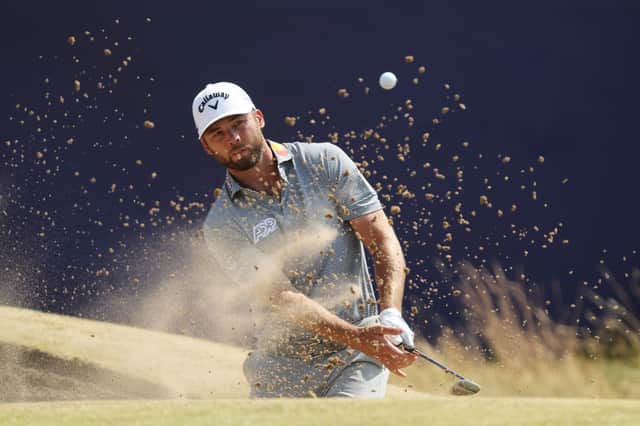 Sam Burns holes out from a greenside bunker at the 18th in the second round at Royal Birkdale to match Lucas Herbert’s major record-equalling 62 