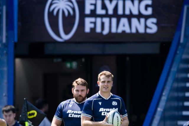 Stafford McDowall, right, and D'arcy Rae during the Scotland team run at Scottish Gas Murrayfield which has been rebranded because it is technically Fiji's home game.