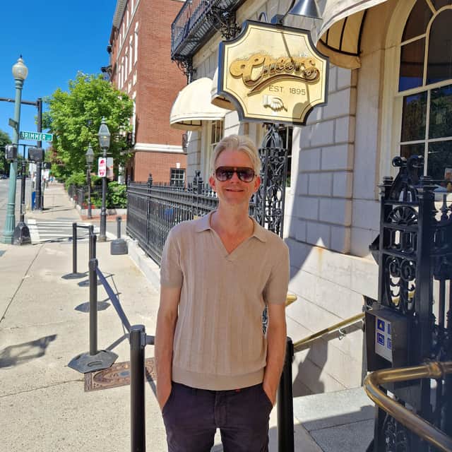 Scotsman football writer Alan Pattullo outside Cheers bar in Boston.