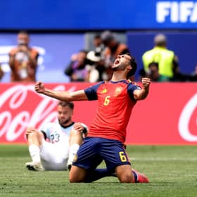 Spain's Mikel Merino celebrates after their semi-final victory over France. They now play Argentina in the final (Picture: Carl Recine)