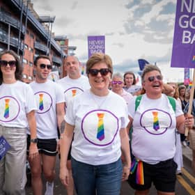 Former first minister Nicola Sturgeon, supporting the TIE (Time for Inclusive Education) Campaign, takes part in Pride Glasgow. PIC: Jane Barlow/PA Wire