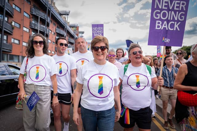 Former first minister Nicola Sturgeon, supporting the TIE (Time for Inclusive Education) Campaign, takes part in Pride Glasgow. PIC: Jane Barlow/PA Wire