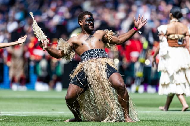 A Fijian warrior during the pre-match display at the Fiji v Scotland Nations Championship game at Murrayfield.